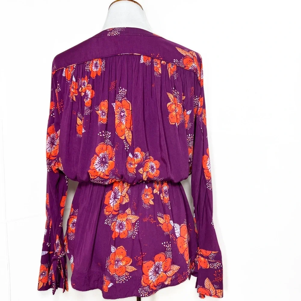 Free People Tropical Floral Print Faux Wrap Tie Sleeve Purple Peplum Blouse - Picture 10 of 15